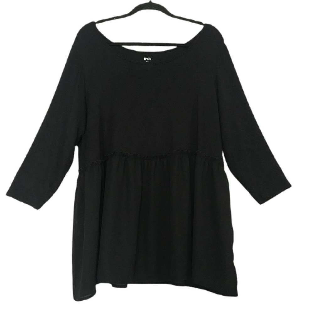 Evri Women's Black 3/4 Sleeve Sheer Peplum Trim Boho Scoop Neck Shirt Size 1X